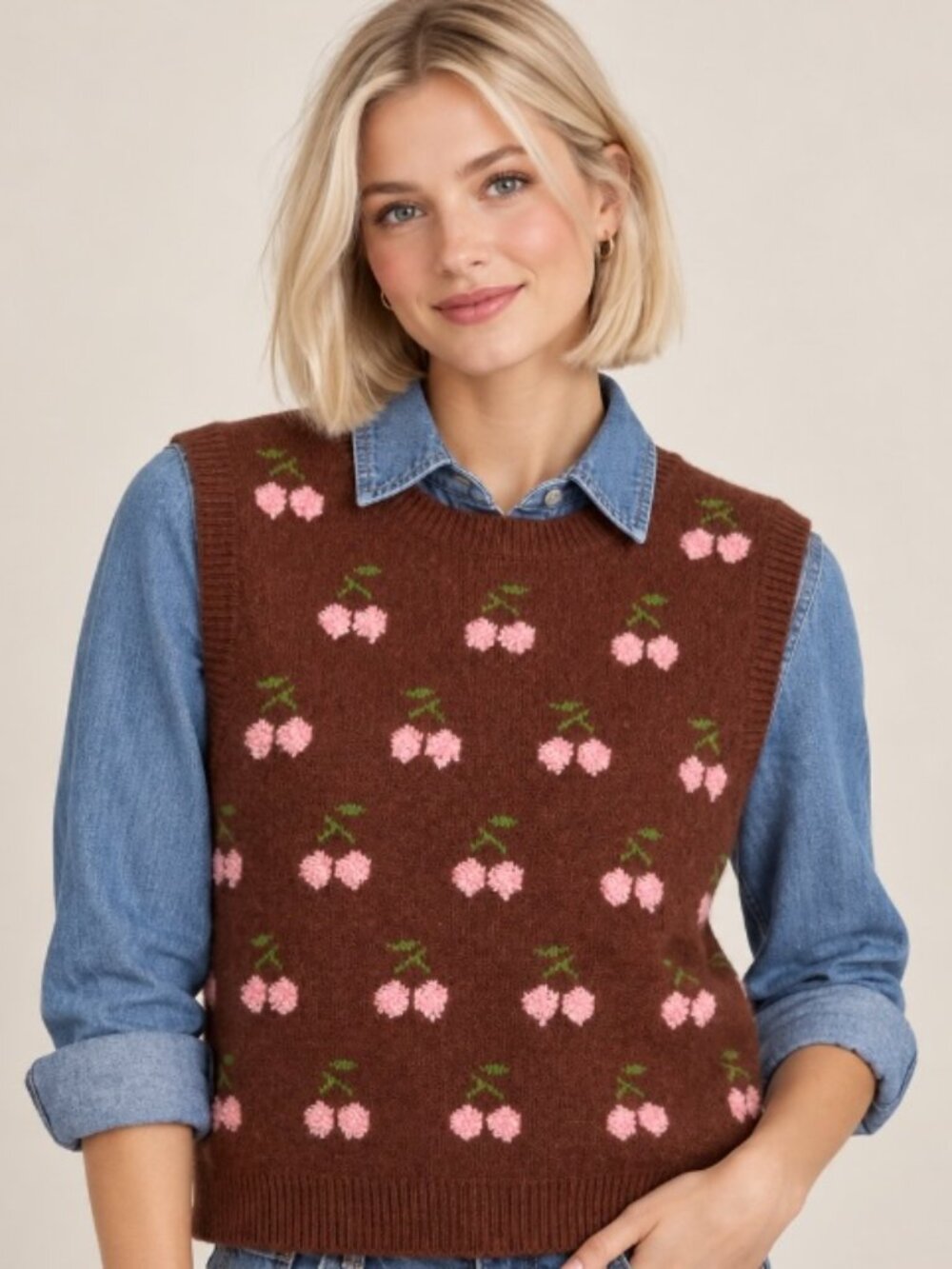 Cider women's pullover vest brown floral motif Med feminine cottagecore